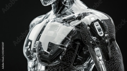 Transparent humanoid robot torso with glass skin visible mechanical organs futuristic cybernetic anatomy artificial intelligence medical concept isolated dark background high detail realistic indoor