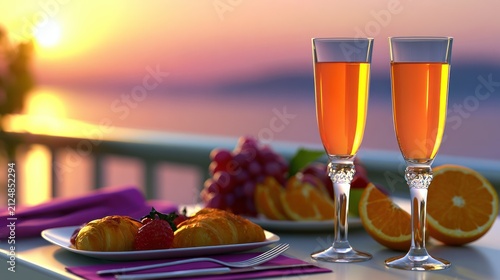 Sunset scene with two glasses of orange drink, croissants, fruits on a table, ocean in background