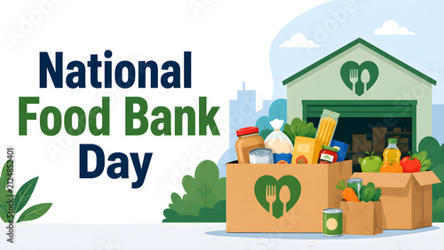 National Food Bank Day concept vector illustration with donation boxes full of groceries in front of charity warehouse. Community support, volunteering, and hunger relief banner.