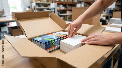 Professional worker packing printed brochures into a cardboard shipping box at a printing facility