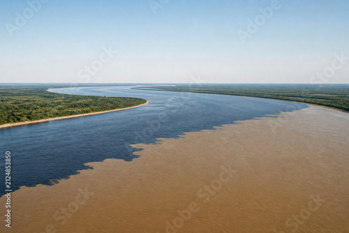 Aerial View of Two Merging Rivers with Sediment Color Contrast, Confluence Concept