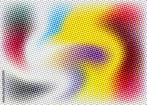 Abstract halftone background, with swirling colorful, dots in yellow, red and blue, creating a dynamic, wave pattern on, a white surface texture