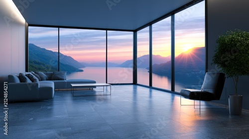 Modern glass-walled room with panoramic sunset view over serene lake and mountains, sleek furniture
