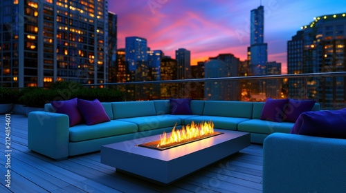 Modern rooftop lounge with firepit, vibrant seating, overlooking skyscrapers under sunset hues