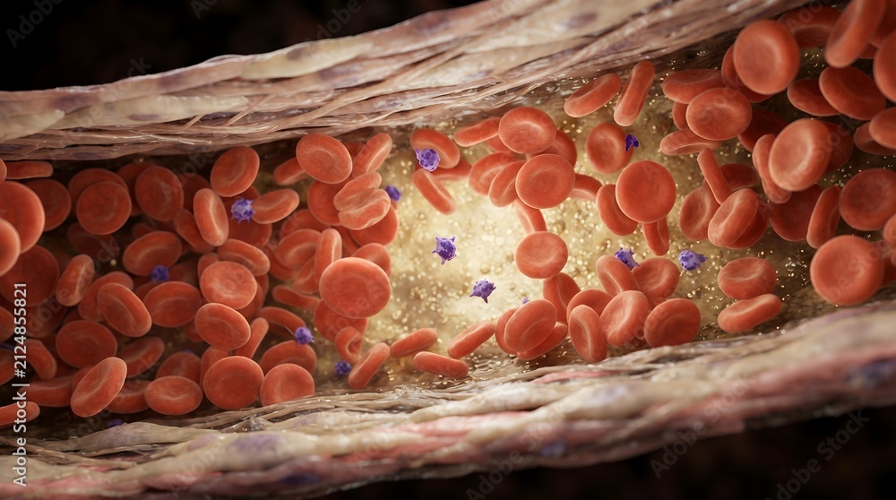 Obraz premium Microscopic view of low platelet count in blood. Thrombocytopenia concept with red blood cells.