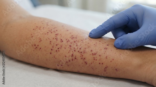 Doctor examining petechiae on patient arm. Clinical skin rash showing low platelet symptoms.