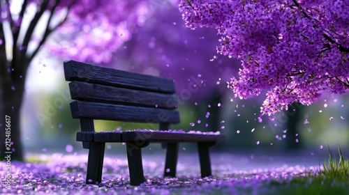 A tranquil wooden bench under vibrant blooming cherry blossoms in a serene, petal-strewn park setting