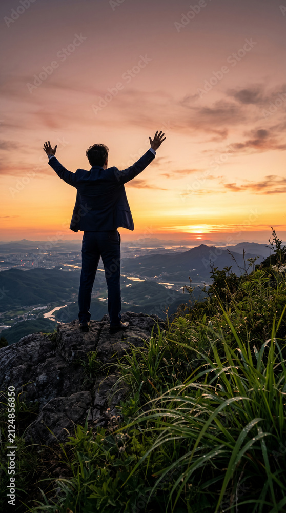 Fototapeta premium Man in suit with arms raised on a rocky cliff at sunrise overlooking a city, symbolizing achievement, freedom, and new beginnings