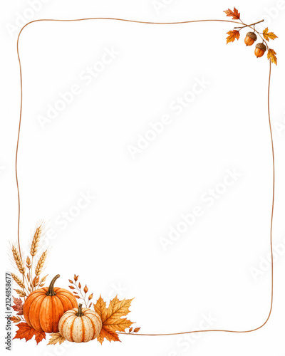 Autumn harvest frame with pumpkins, maple leaves and wheat creating a seasonal border with copy space for Thanksgiving and Halloween invitations and fall designs