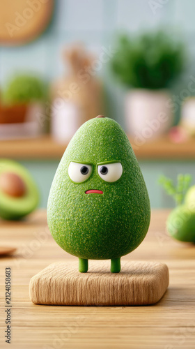 Angry cartoon avocado with eyes and legs stands on a wooden board in the kitchen. Funny food character concept. 3D render