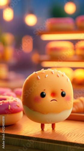 Cute sad character bun with orange glaze and sprinkles on small legs, standing on wooden table in warm bokeh bakery store