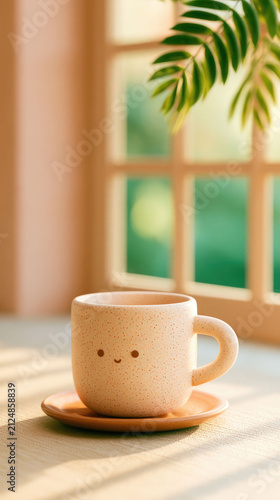 Cute ceramic coffee cup with face sitting on saucer near window in warm morning sunlight. Cozy minimal aesthetic photo