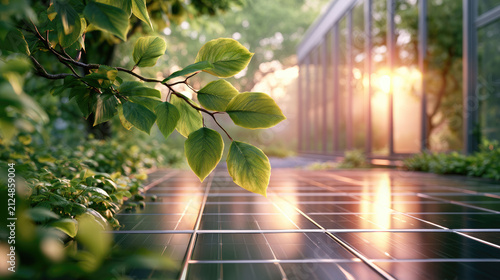 Solar panels generate clean renewable energy surrounded by green leaves at sunset. Eco-friendly sustainable technology