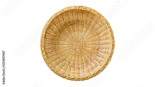 Round woven wicker basket with braided rim, isolated on transparent background