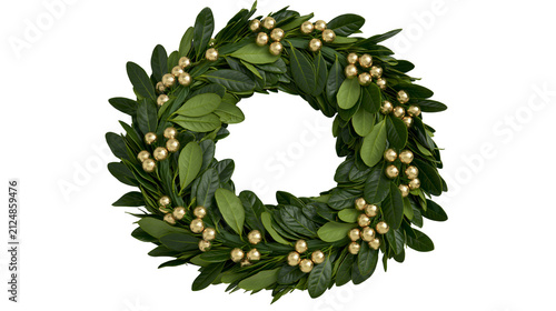 Foto Round green boxwood wreath with golden berry accents, isolated on transparent ba