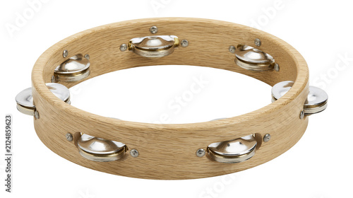 Foto Wooden tambourine with metal jingles, isolated on transparent background