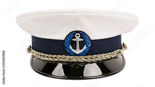 White navy captain s hat with blue anchor emblem and gold trim, isolated on transparent background