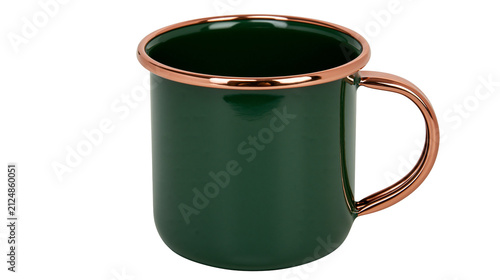Photography Dark green enamel mug with copper rim and handle, isolated on transparent backgr