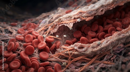 Microscopic view of damaged blood vessel. Red blood cells flowing through injured artery.