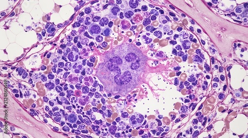 Microscopic view of bone marrow tissue biopsy. Histology sample showing cellular structure.