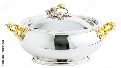 Foto Ornate silver tureen with gold handles and lid knob, isolated on transparent bac