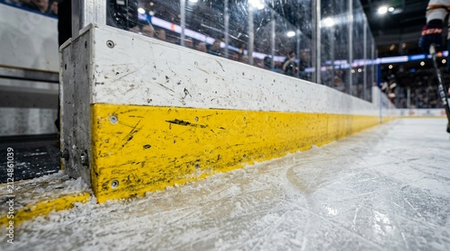Hockey dasher board with yellow kick plate. Scuffed rink barrier on frozen ice surface.