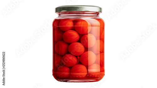 Картината върху платно Glass jar filled with pickled red cherry tomatoes, isolated on transparent backg