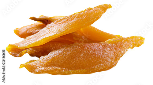 Golden dried mango slices with slightly wrinkled texture, isolated on transparent background
