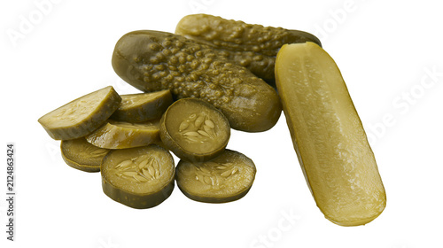 Obraz na plátne Whole and sliced dill pickles, isolated on transparent background