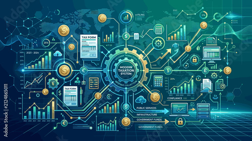 Futuristic Digital Data Network with Technology Icons and Circuitry