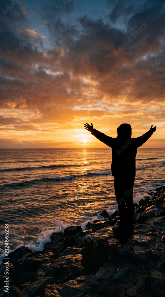 Fototapeta premium Silhouette of a person with outstretched arms facing a dramatic sunset over the ocean, symbolizing freedom, reflection, and awe