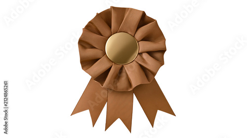 Fotografie Brown fabric rosette award ribbon with gold center, isolated on transparent back