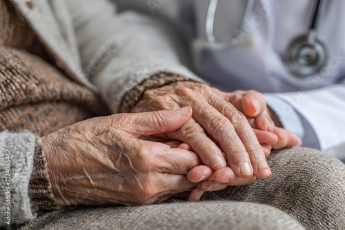 Healthcare professional tenderly holding elderly patient's hands, showing comfort and compassionate care