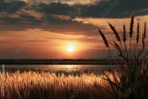 Golden sunrise over tranquil water with sunlit wheat field and dramatic clouds