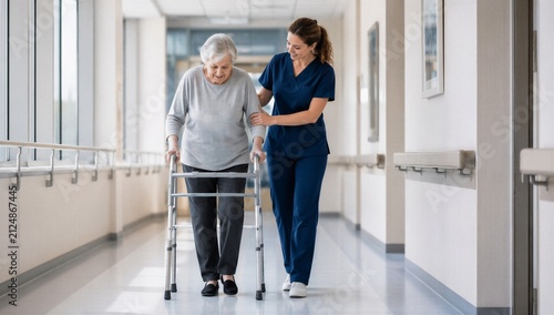 Nurse supports an elderly patient using a walker in a hospital corridor. Senior mobility, rehabilitation, patient safety, assisted walking and healthcare fall prevention concept.