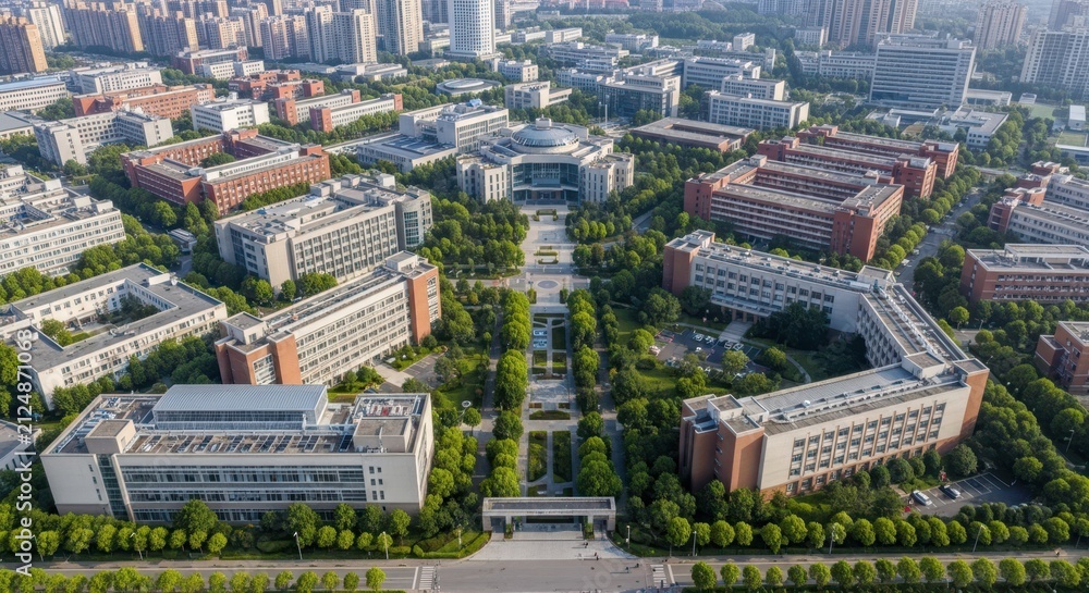 Fototapeta premium Expansive modern university campus with symmetrical architecture and lush green pathways, showcasing a vibrant academic environment from an aerial perspective.