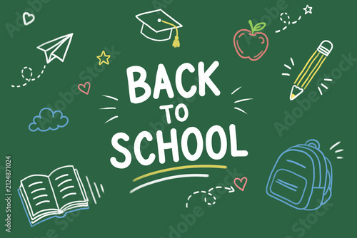 Back to school chalk art with educational icons on a green chalkboard background