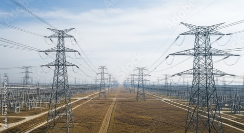 Expansive view of numerous electricity transmission towers stretching into the horizon under a cloudy sky