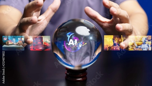 Fotografía Prediction crystal ball showing AI using, concern and AI risk by digital image a