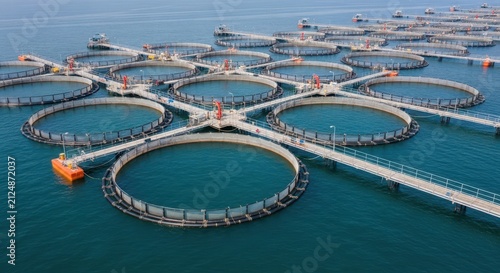 Extensive offshore aquaculture farm with circular cages and connecting walkways in the open ocean.
