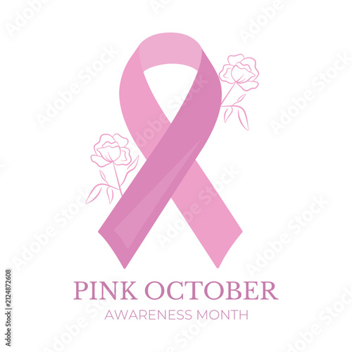 Pink October vector illustration featuring a pink awareness ribbon and roses, symbolizing breast cancer awareness, support, solidarity and women’s health during Breast Cancer Awareness Month.