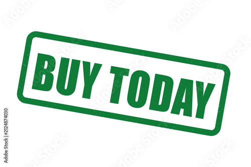 Green rubber stamp style graphic with buy today text label
