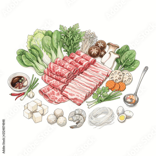 Hot pot ingredients with thin sliced meat and vegetables flat lay for asian dining blogs and communal meal recipes