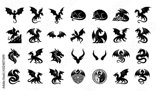 Foto Original Dragon Silhouettes Vector Pack with Black Fantasy Creature Flat Illustr