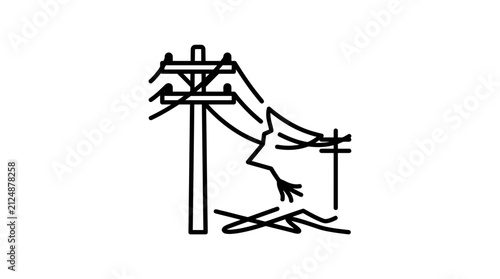 Damaged Power Pole with Downed Wires and Debris, Black and White Line Art