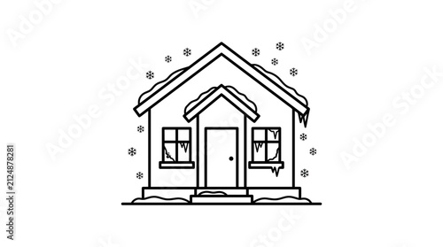 Winter House Icon with Snowflakes and Icicles, Simple Line Art Illustration