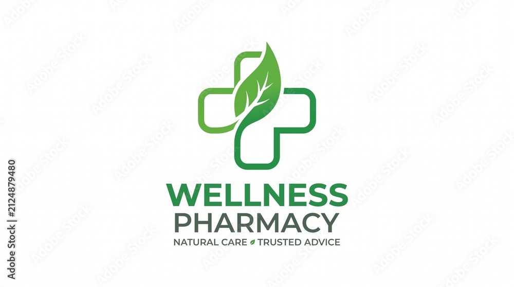 Fototapeta premium Wellness Pharmacy Logo: A clean, modern logo featuring a green cross combined with a leaf, symbolizing natural health and wellness for a pharmacy.
