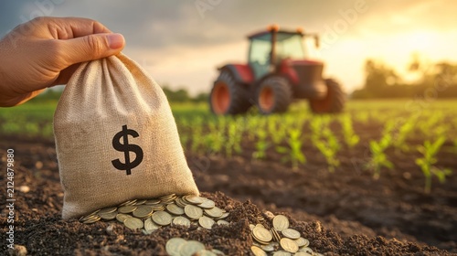 Close up hand placing money bag with dollar sign into soil in agricultural field at sunrise with tractor in background concept of investment growth farming finance and sustainable rural development