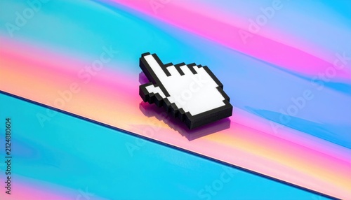 Pixelated white hand cursor on vibrant pastel swirl background, digitally rendered with crisp lines and vibrant color gradients