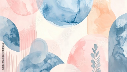 Watercolor circles in pink, peach, and blue with plant illustration on a beige background, overlapping shapes